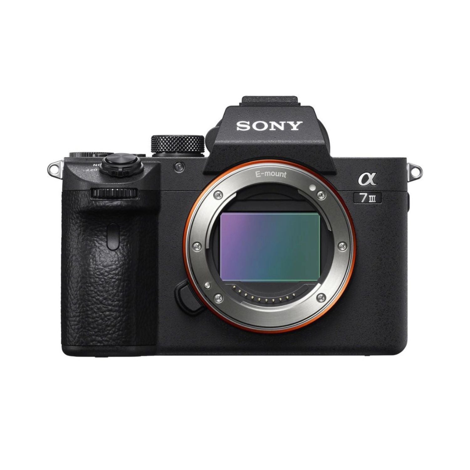Sony Alpha A7 III mirrorless camera, front view with E-mount lens and controls